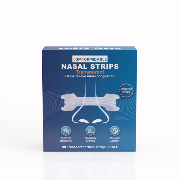 Front of the Comformidable transparent nasal strips packaging with 90 strips