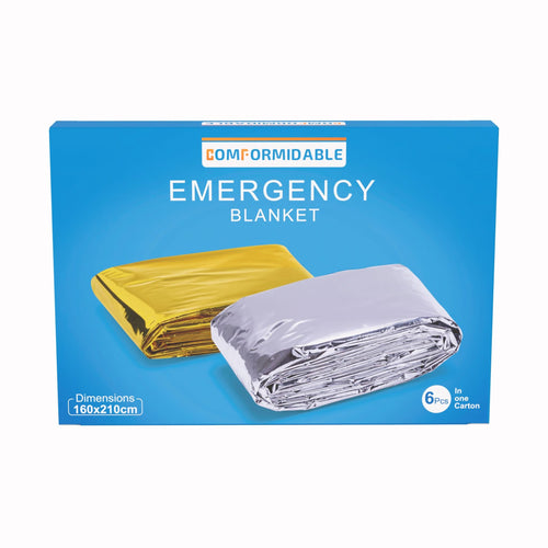 Forsiden af Comformidable Emergency Blanket-æsken med produktbillede og mål
