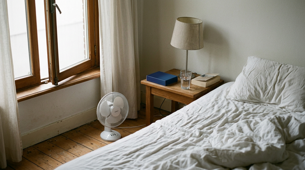 Soveværelse med åbent vindue og ventilator, bedre søvn i varmt vejr