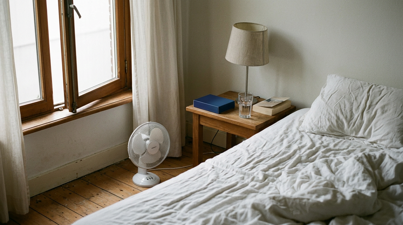 Chambre avec fenêtre ouverte et ventilateur, mieux dormir par temps chaud