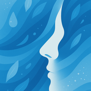 Abstracte blauwe illustratie van een gezicht met golvende lijnen en waterdruppels die een frisse, vrije neusademhaling symboliseert.