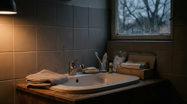 Se rincer le nez en cas de rhume : lavabo le soir avec une serviette, prêt à se rincer le nez