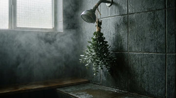 Utiliser des galets de douche : douche pleine de vapeur avec un bouquet d'eucalyptus sur le pommeau de douche