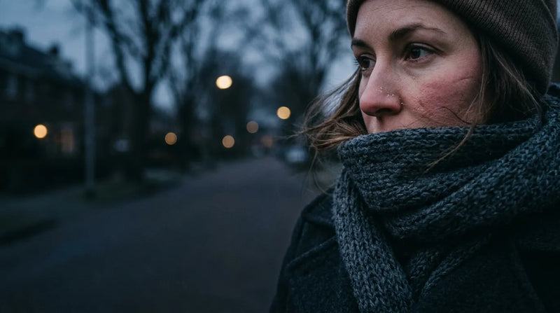 Woman with dry facial skin wearing a scarf against the cold on a winter street