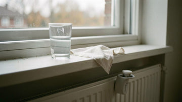 Tør næse på grund af tør luft: et glas vand og et lommetørklæde i en vindueskarm over en radiator med en vandfordamper