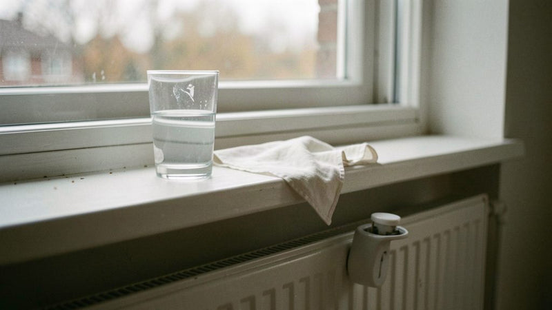 Nez sec dû à l'air sec : un verre d'eau et un mouchoir sur un rebord de fenêtre au-dessus d'un radiateur avec un humidificateur