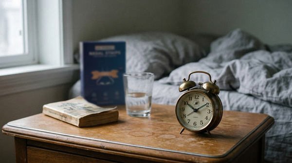 Table de chevet avec un réveil et un paquet de bandes nasales à côté d'un lit défait, retrouver son rythme de sommeil après les vacances