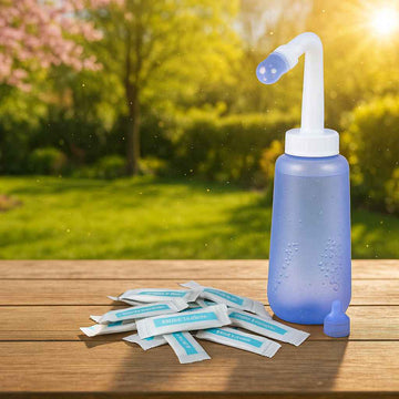 een neusdouche op een tafel in een tuin. naast de neusspoeler liggen zakjes spoelzout en een extra opzetstukje