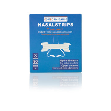 Blauwe comformidable neuspleister productverpakking met illustratie van een transparante neusstrip op een neus, inclusief informatie over inhoud.
