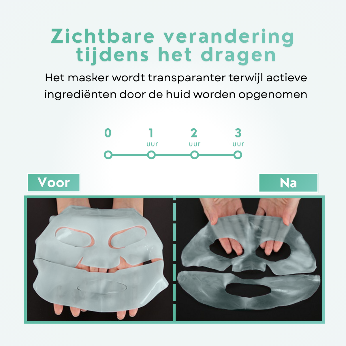 Voor- en na-afbeelding van een gezicht met zichtbare huidverbetering na gebruik van een gezichtsmasker.