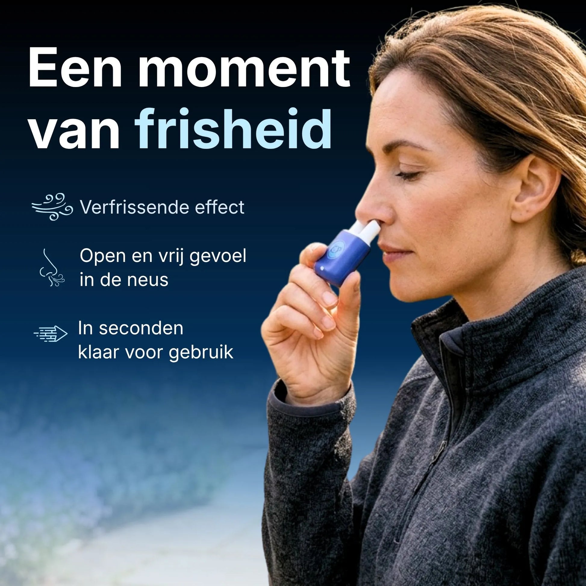 Vrouw ervaart een verfrissend moment met de Comformidable Duo Nasal Inhaler onderweg