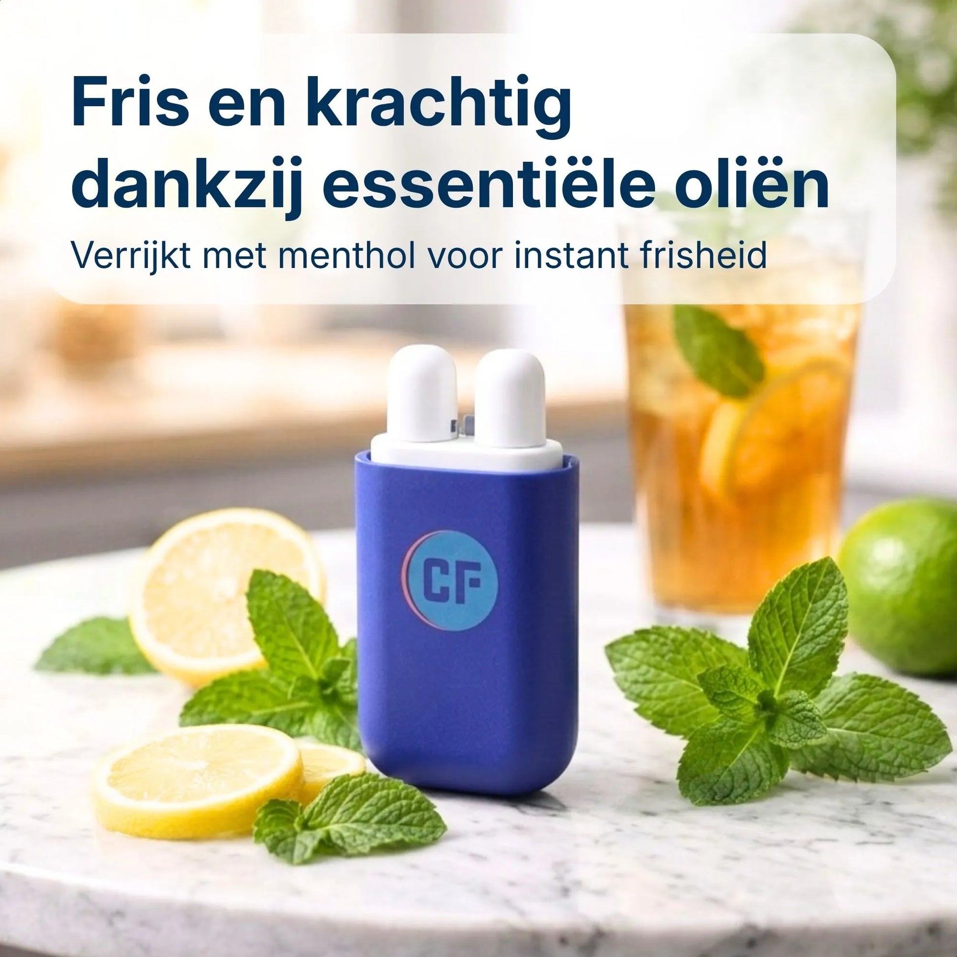 Comformidable Duo Nasal Inhaler met menthol en essentiële oliën naast verse munt en citroen