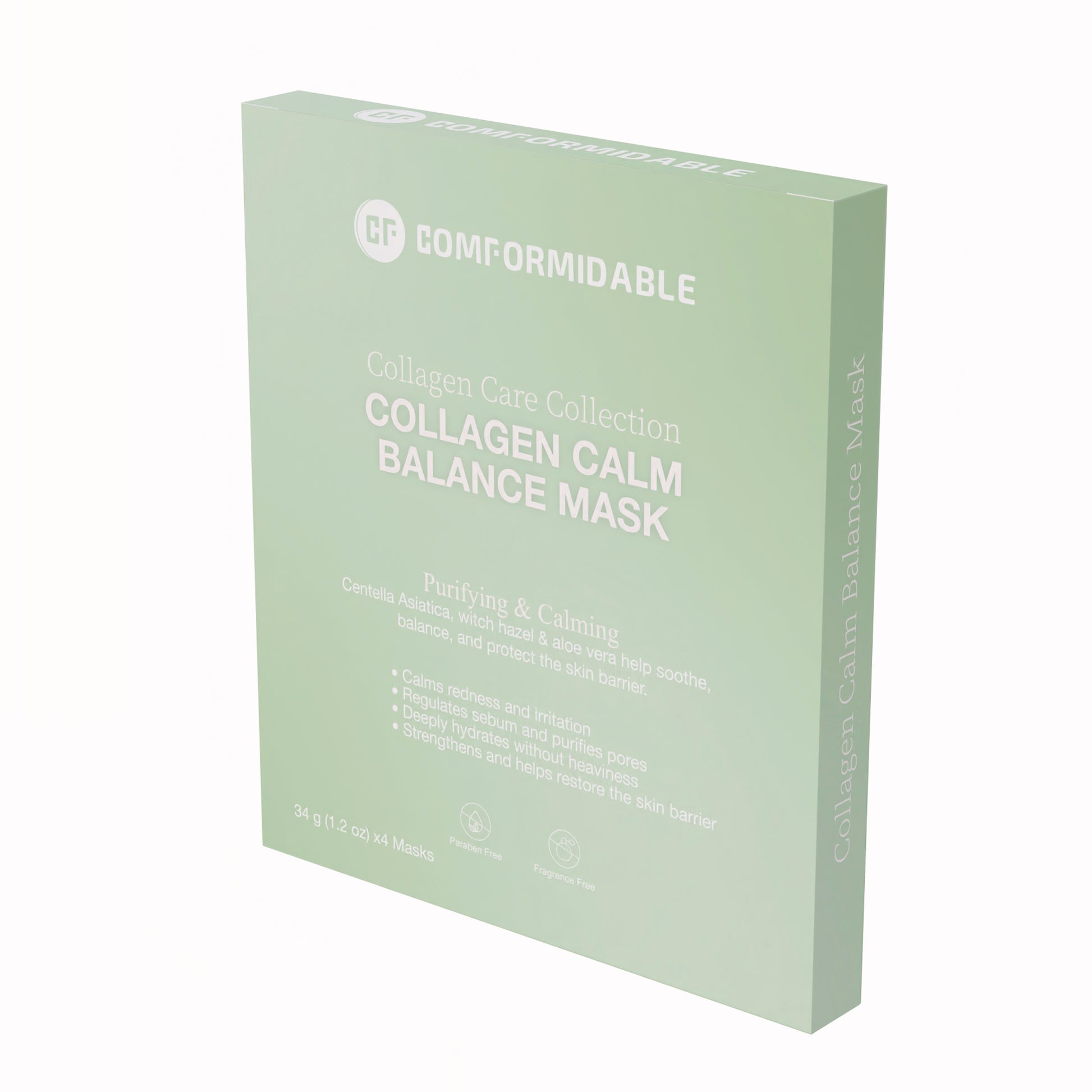 Zijkant van groene verpakking van de Collagen Care Collection van Comformidable. Dit is het calm balance mask
