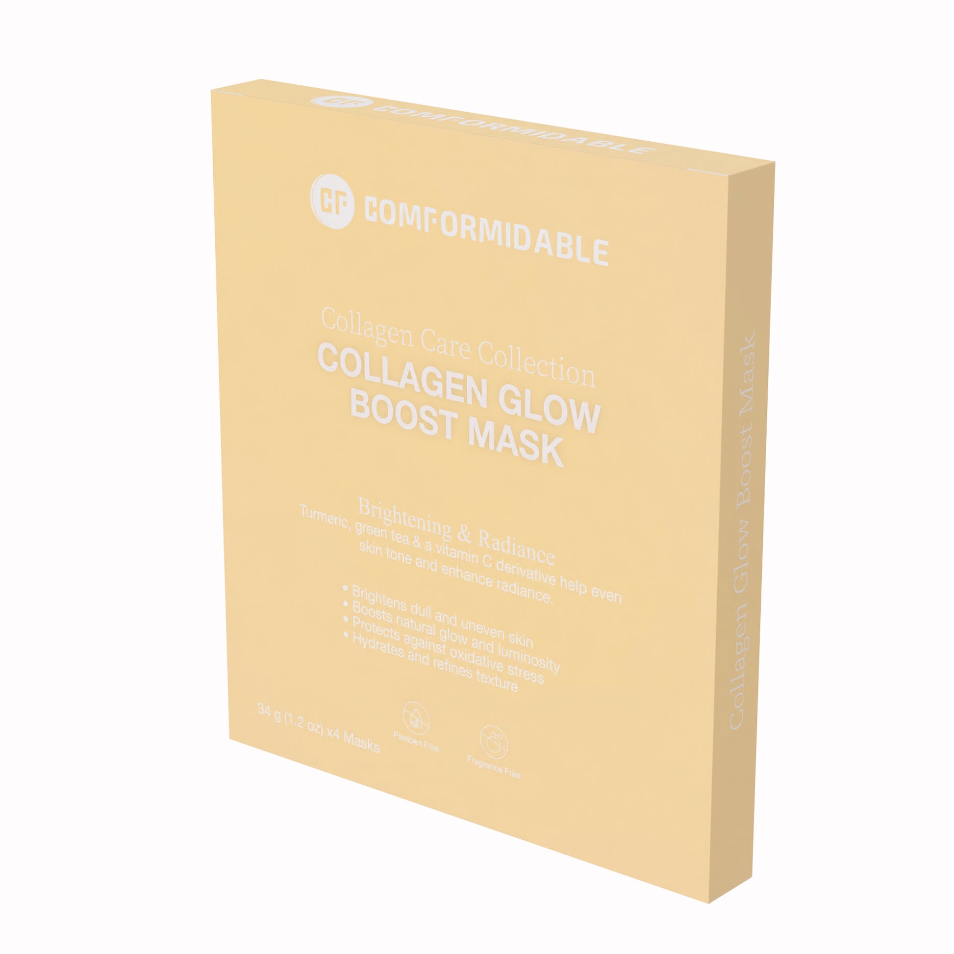 de zijkant van een gele verpakking van het Comformidable collagen glow boost mask uit de care collection