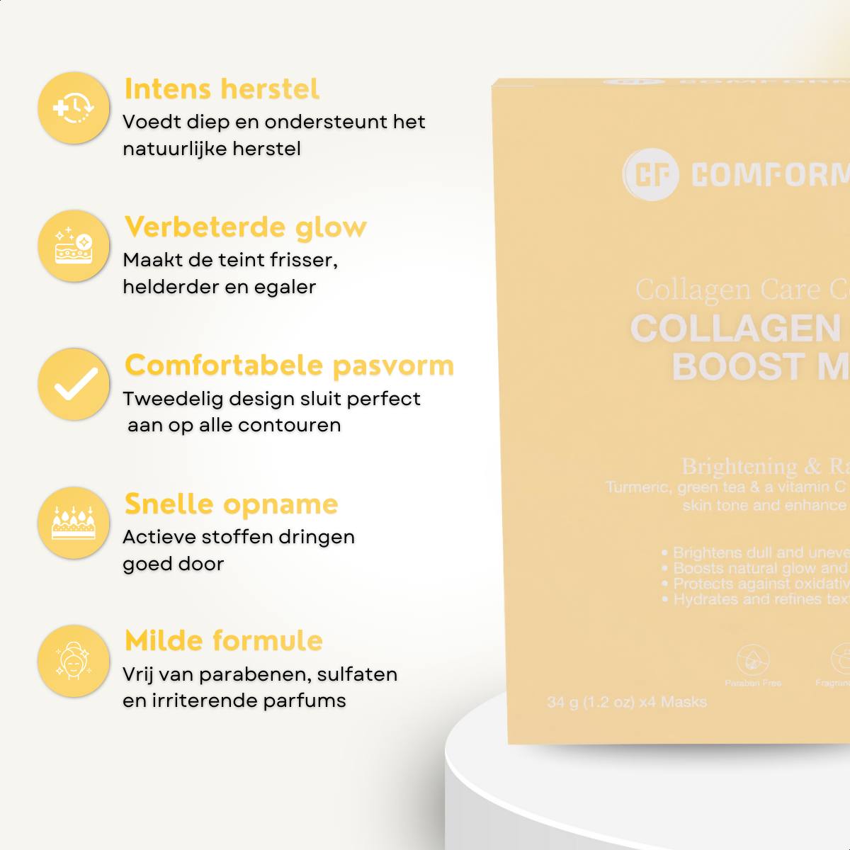 collagen-glow-boost-mask-voordelen.jpg: Overzicht van de belangrijkste voordelen van het Comformidable Collagen Glow Boost Mask.