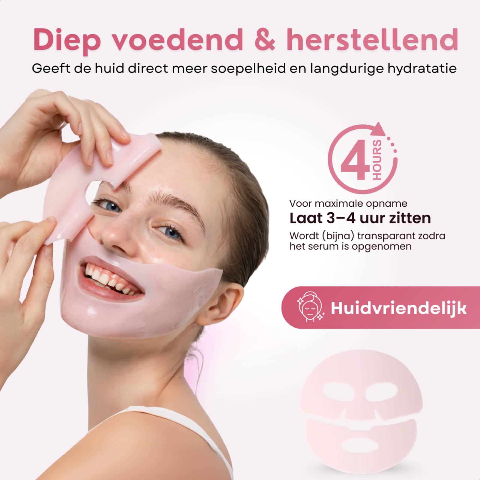 Collagen gezichtsmasker dat diep voedt en 3 tot 4 uur gedragen wordt voor maximale hydratatie