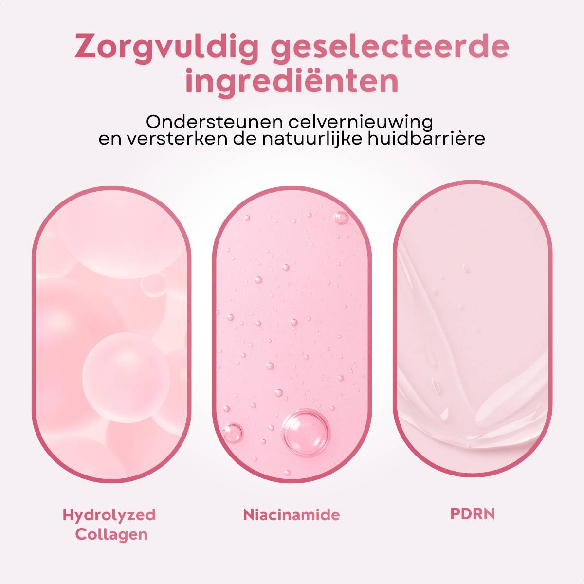 Visual van geselecteerde ingrediënten zoals hydrolyzed collagen, niacinamide en PDRN