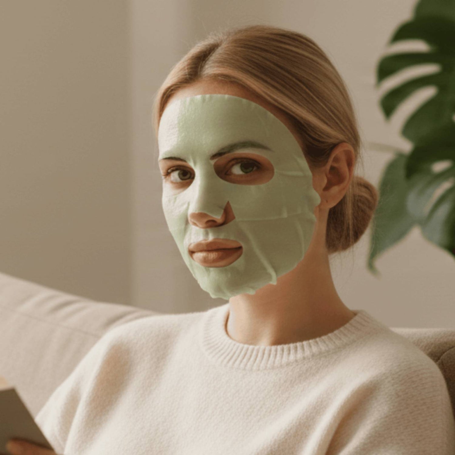 Vrouw kijkt ontspannen naar de camera op de bank met een Comformidable collageen gezichtsmasker op voor een gehydrateerde huid.