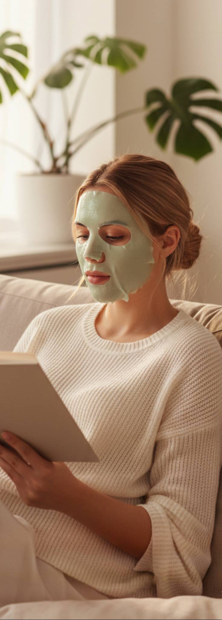 Vrouw ontspant op de bank met een Comformidable collageen gezichtsmasker voor een gehydrateerde huid.