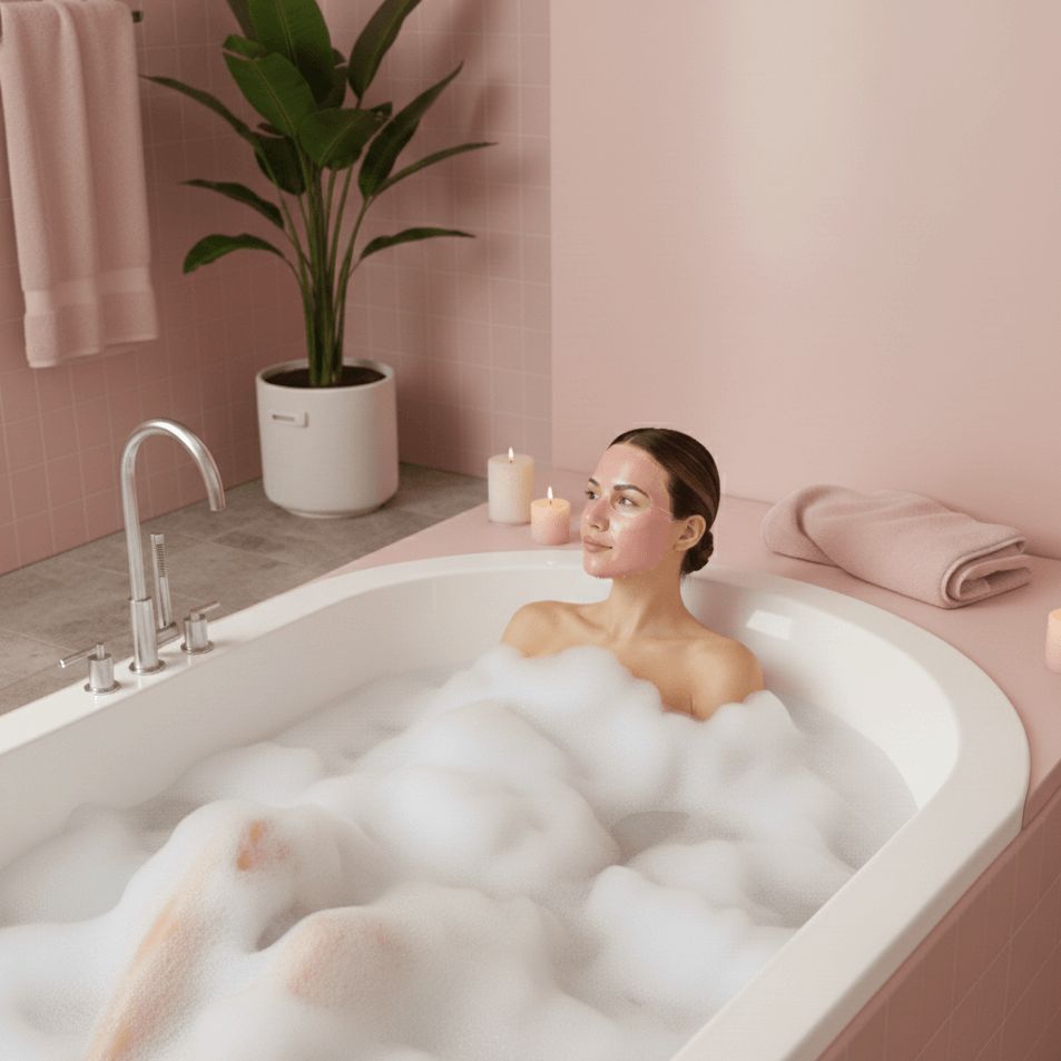 en glimlachende vrouw brengt een roze masker aan op haar gezicht in een luxe badkameromgeving.