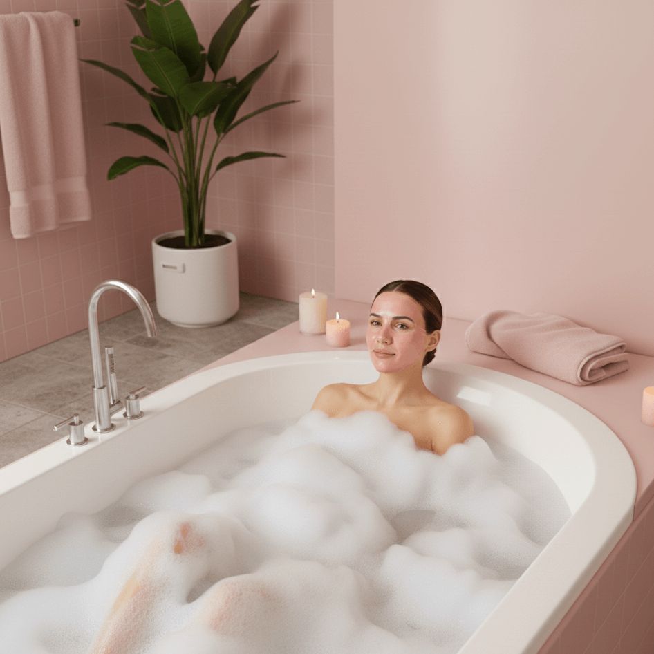 Vrouw ontspant in een modern bad vol schuim in een rustgevende roze badkamer met kaarslicht en een groene plant.