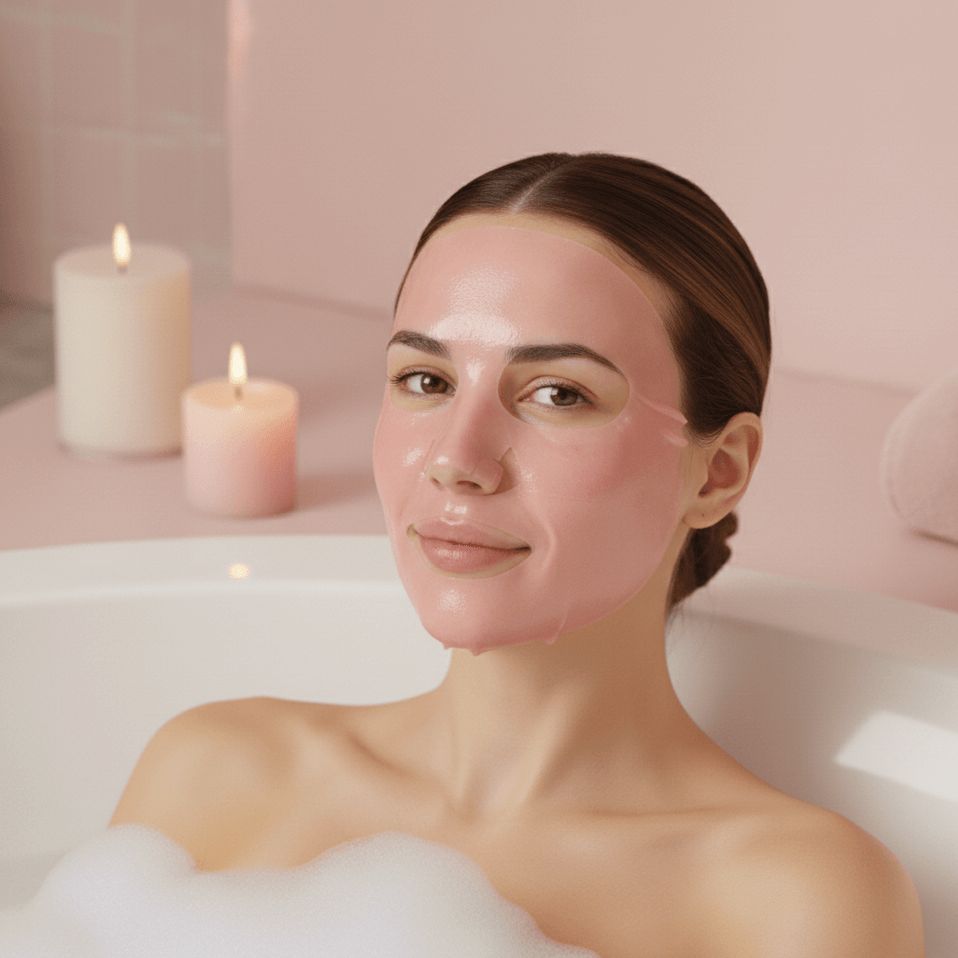 Sfeerbeeld van een vrouw in een schuimbad, omringd door brandende kaarsen voor een spa-ervaring aan huis.