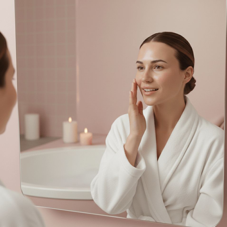 Vrouw in een witte badjas kijkt in de badkamerspiegel en bewondert haar stralende huid na een verzorgingsroutine.
