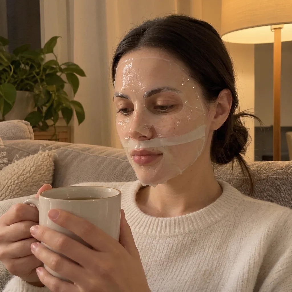Femme buvant un thé pendant que le masque au collagène Calm Balance devient transparent