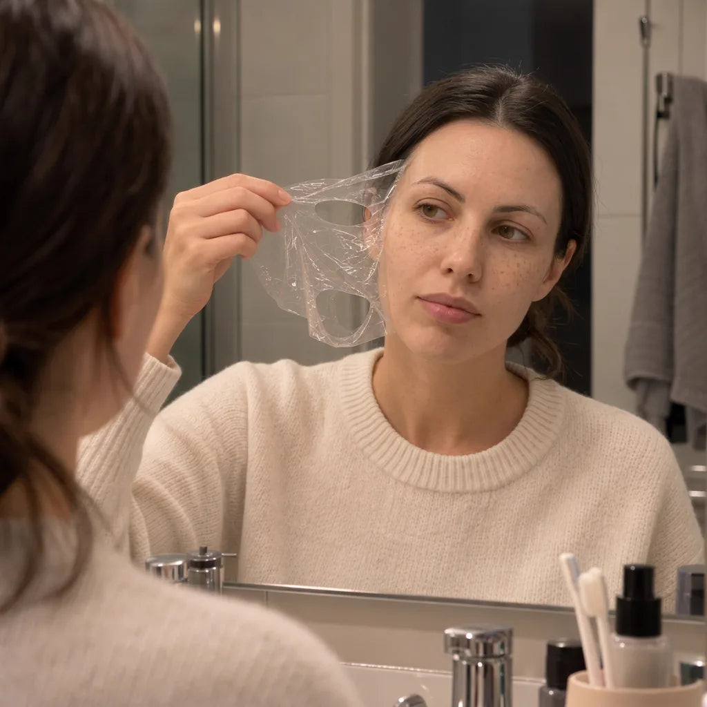 Femme retirant devant le miroir le masque au collagène Calm Balance devenu transparent