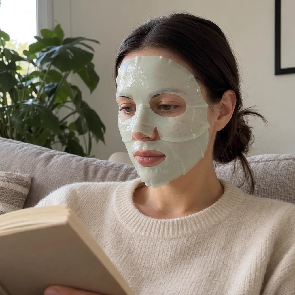 Femme lisant sur le canapé avec le masque au collagène Calm Balance
