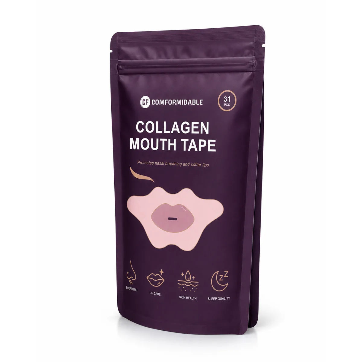 Genlukkelig pose med Comformidable kollagen mundtape set fra siden