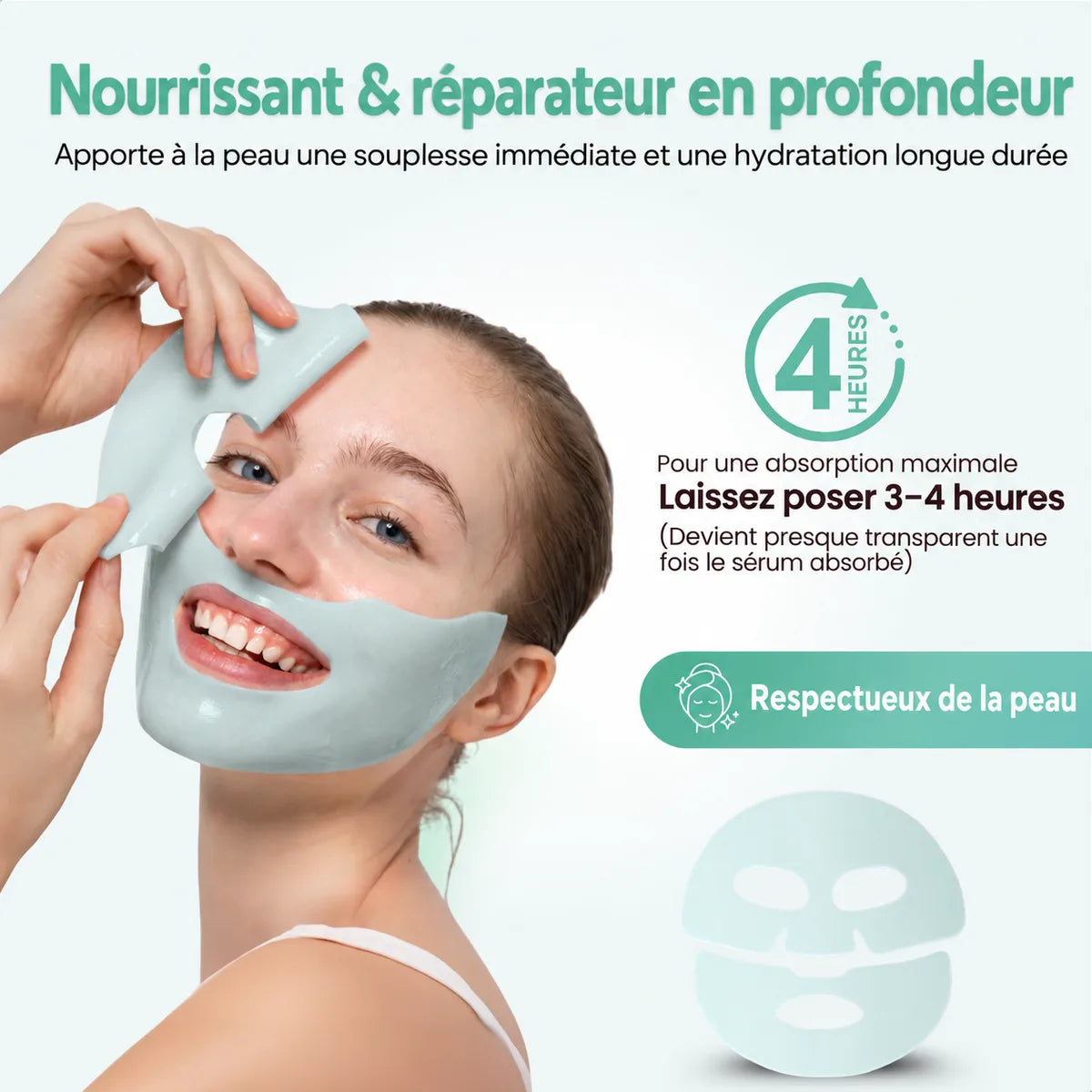 Femme appliquant le masque en deux parties, avec l'indication de le laisser poser 3 à 4 heures
