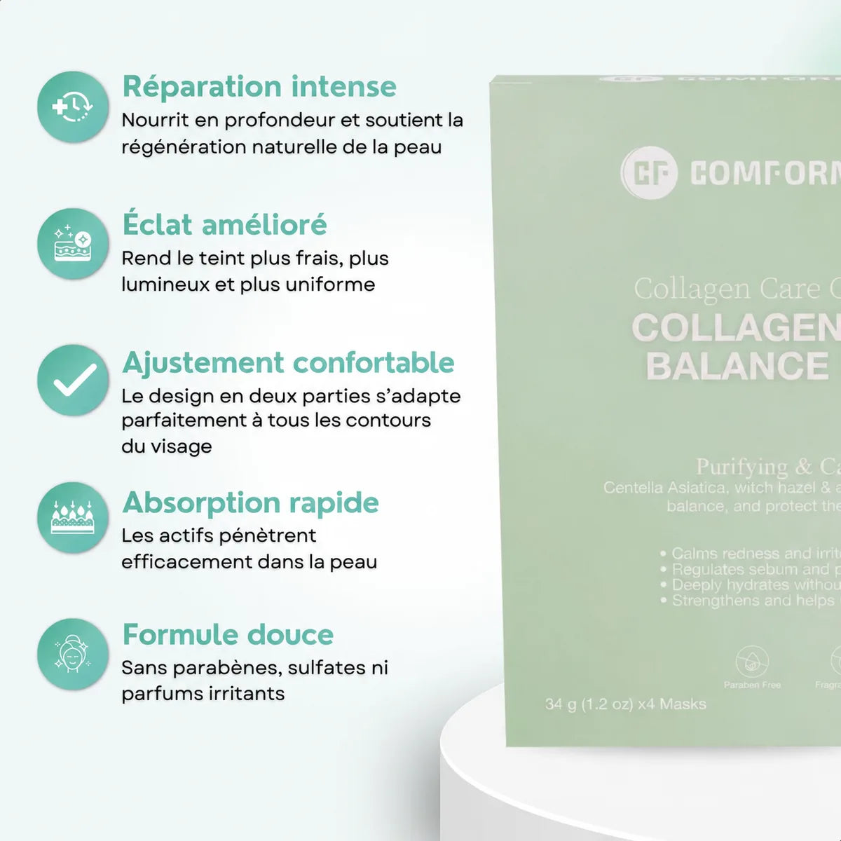Cinq avantages du masque Calm Balance avec icônes, à côté de la boîte verte