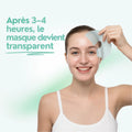 Femme retirant le masque de son front, texte : après 3 à 4 heures, le masque devient transparent