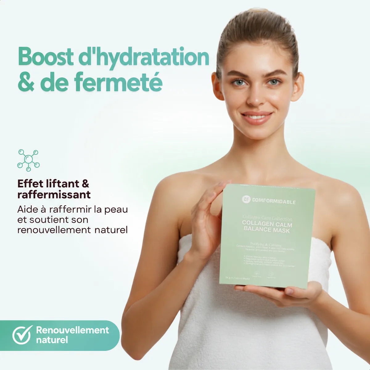 Femme en serviette tenant la boîte verte du masque Calm Balance