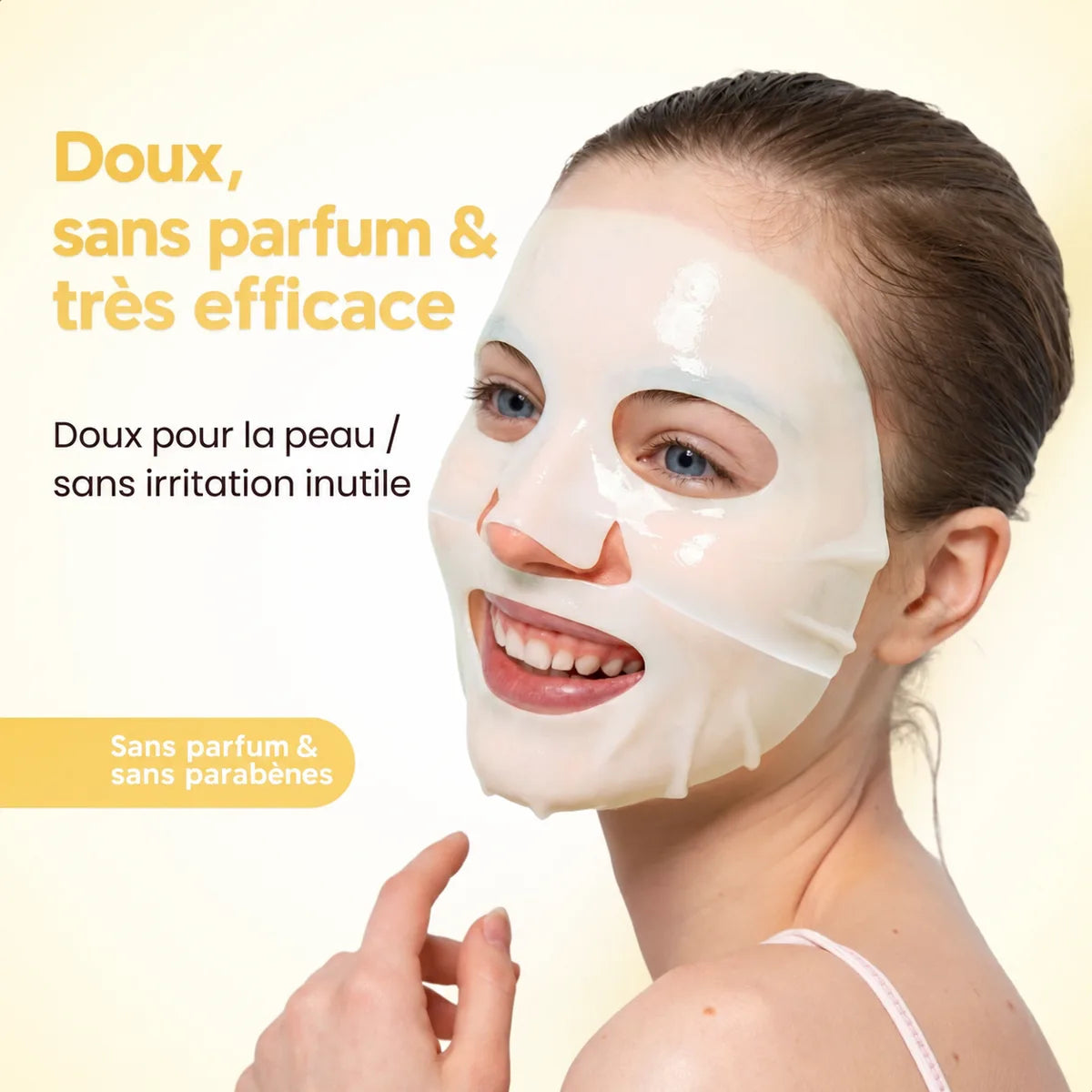 Femme portant un masque visage en hydrogel blanc, doux, sans parfum et très efficace