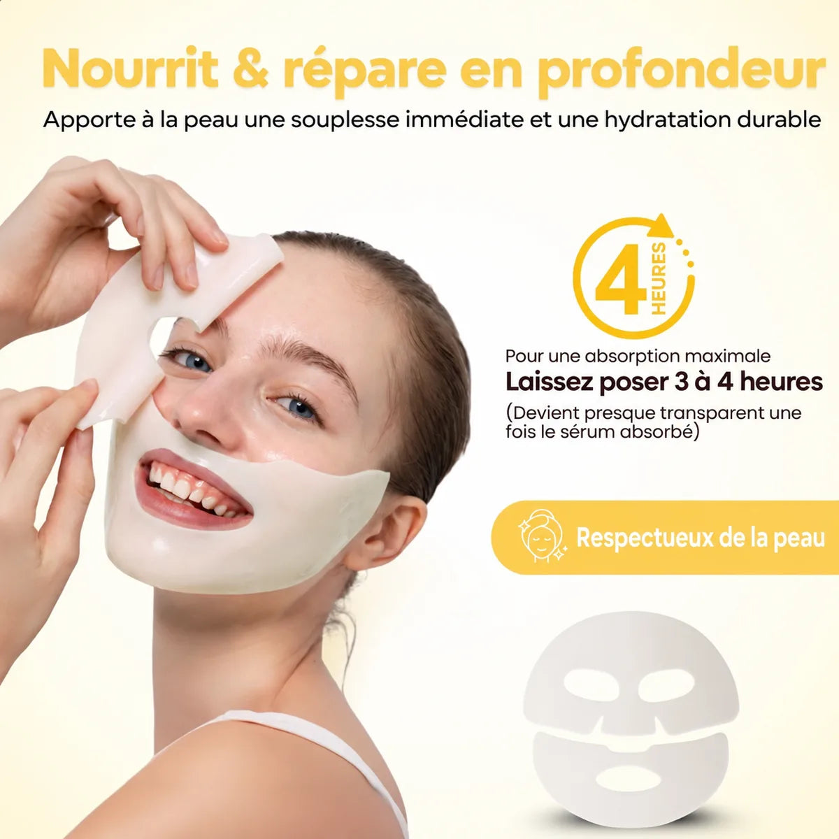 Femme retirant le masque au collagène en deux parties, laisser poser 3 à 4 heures