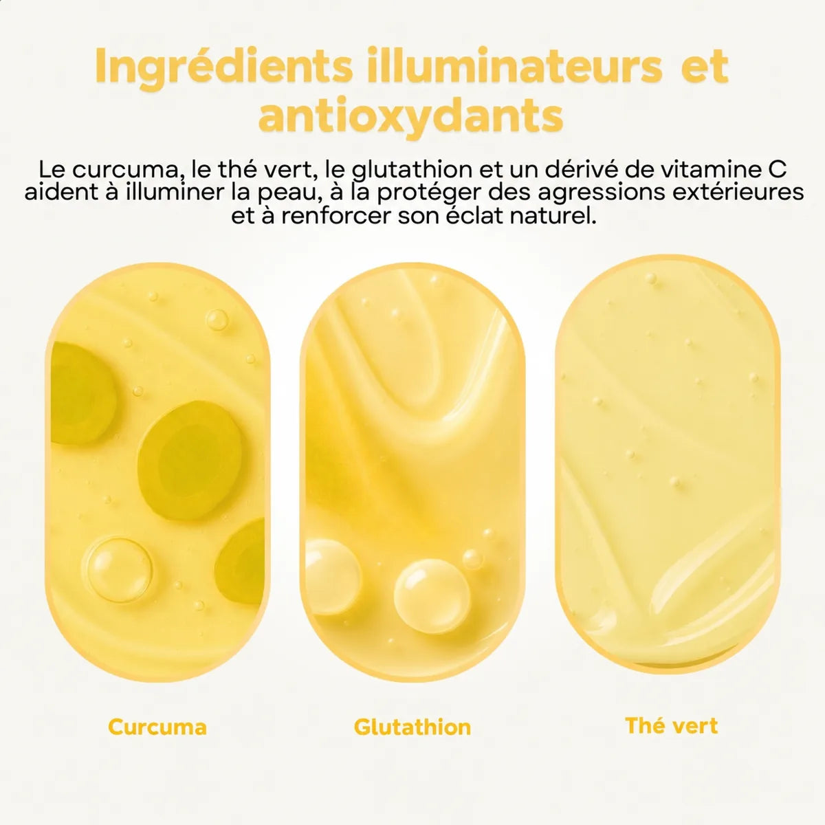 Textures de curcuma, glutathion et thé vert, les ingrédients du masque