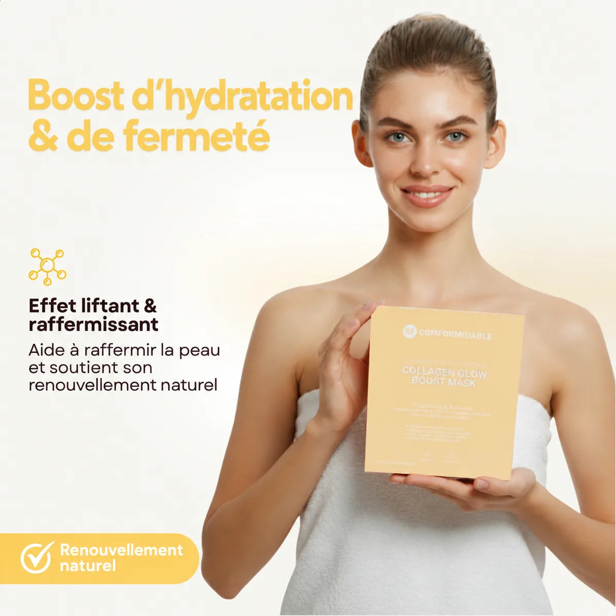 Femme en serviette tenant la boîte jaune du Collagen Glow Boost Mask