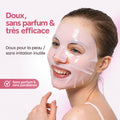Femme portant le masque hydrogel rose au collagène, avec la mention doux, sans parfum et sans parabènes