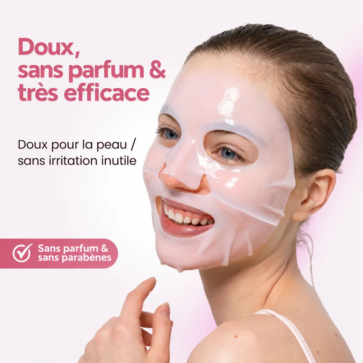 Femme portant le masque hydrogel rose au collagène, avec la mention doux, sans parfum et sans parabènes