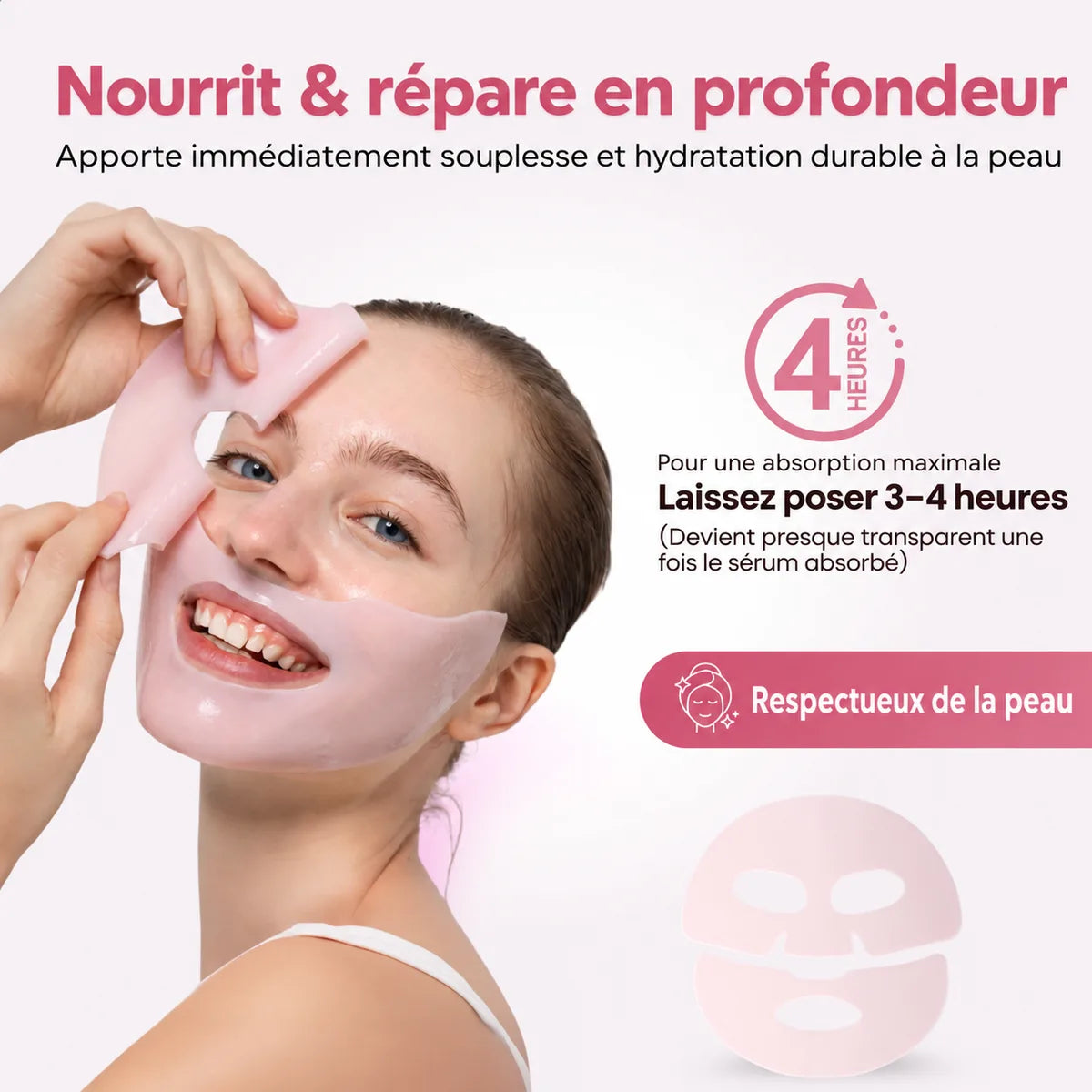 Femme appliquant le masque rose au collagène, avec le conseil de le laisser poser 3 à 4 heures
