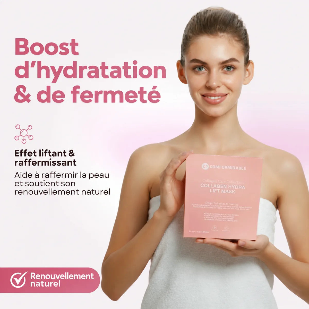 Femme en serviette tenant la boîte rose du Collagen Hydra Lift Mask