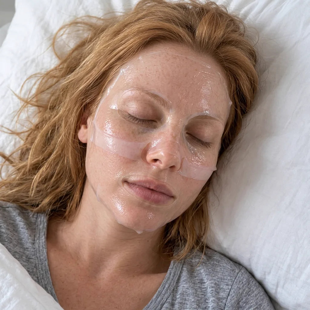 Femme endormie avec le masque au collagène Glow Boost, presque transparent après la nuit