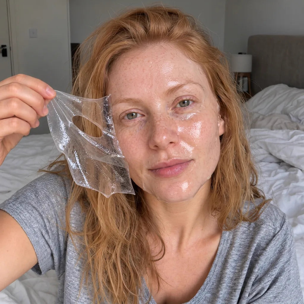 Femme retirant le matin le masque au collagène Glow Boost devenu transparent