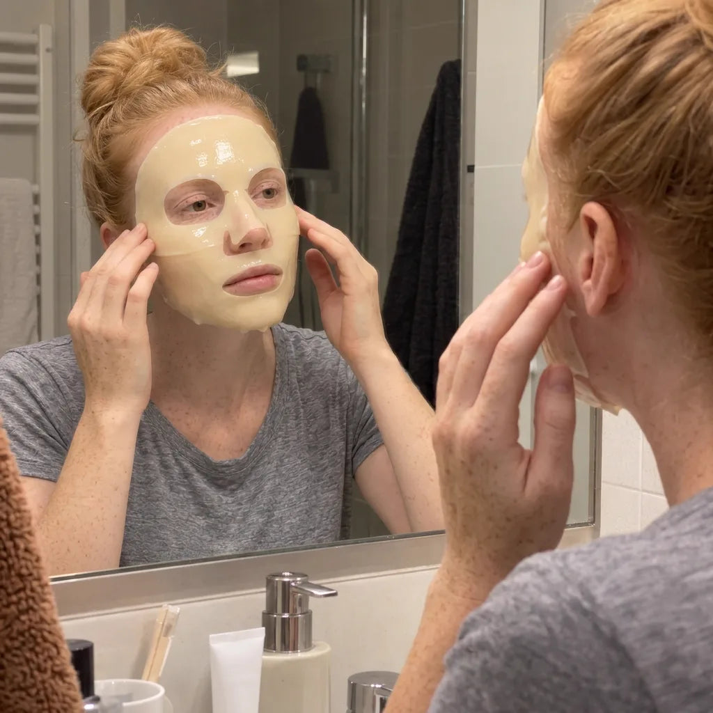 Femme appliquant le masque au collagène Glow Boost devant le miroir