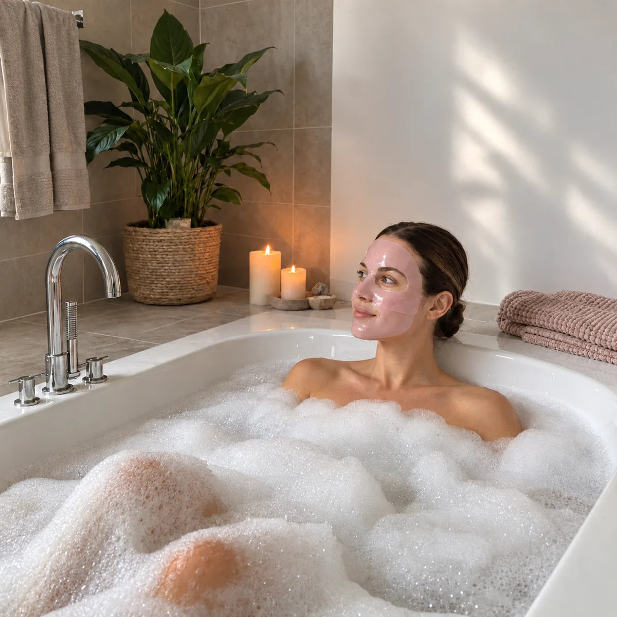 Femme dans le bain avec le masque au collagène Hydra Lift qui devient peu à peu translucide