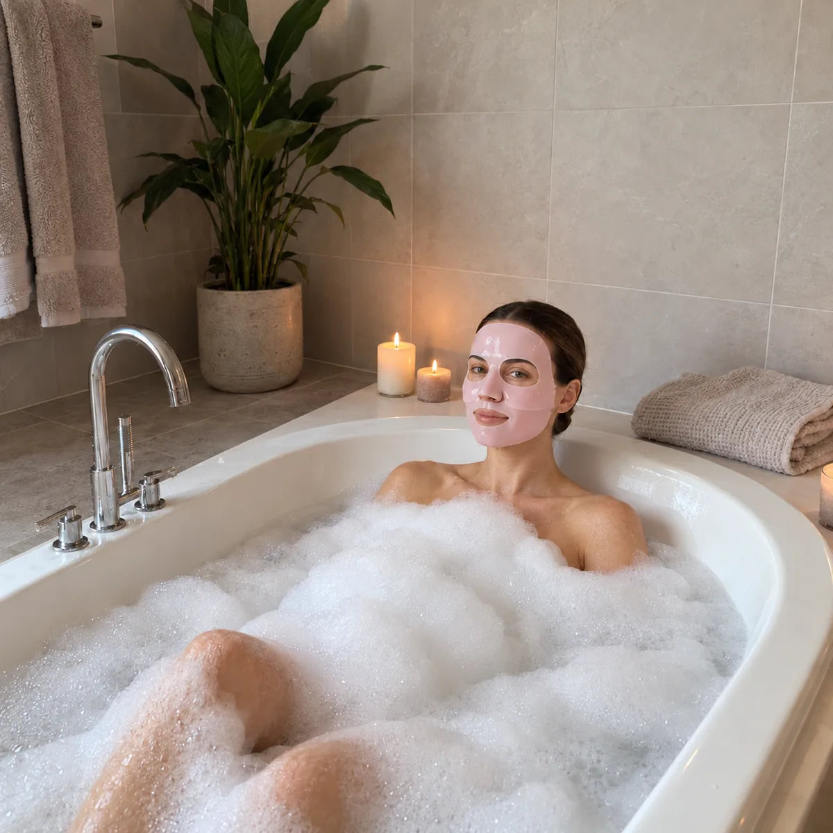 Femme se détendant dans le bain avec le masque au collagène Hydra Lift