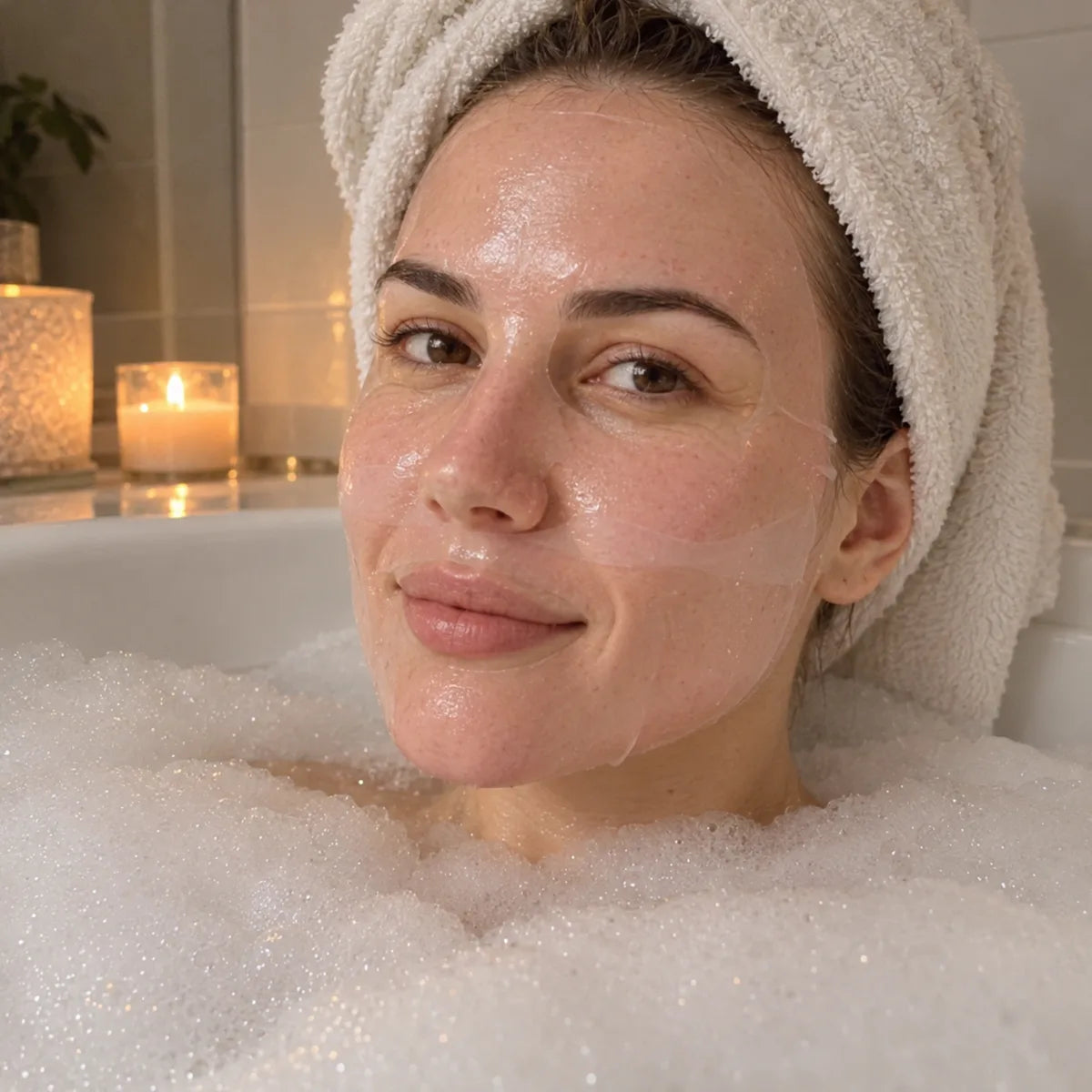 Gros plan d’une femme dans le bain avec le masque au collagène Hydra Lift presque transparent