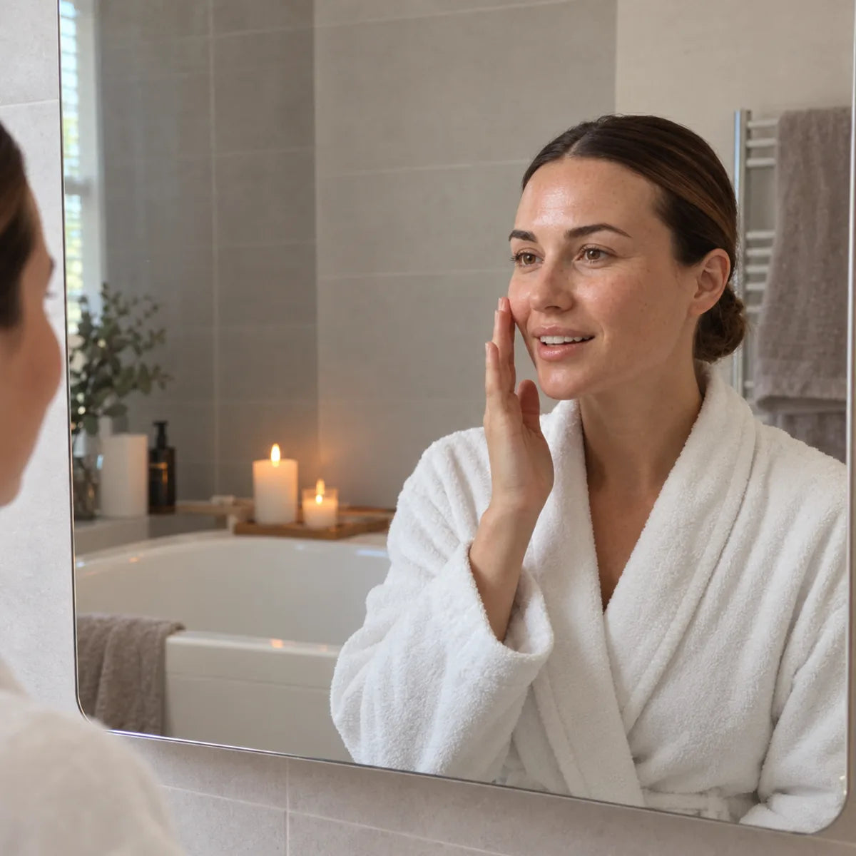 Femme touchant sa joue devant le miroir après le masque au collagène Hydra Lift